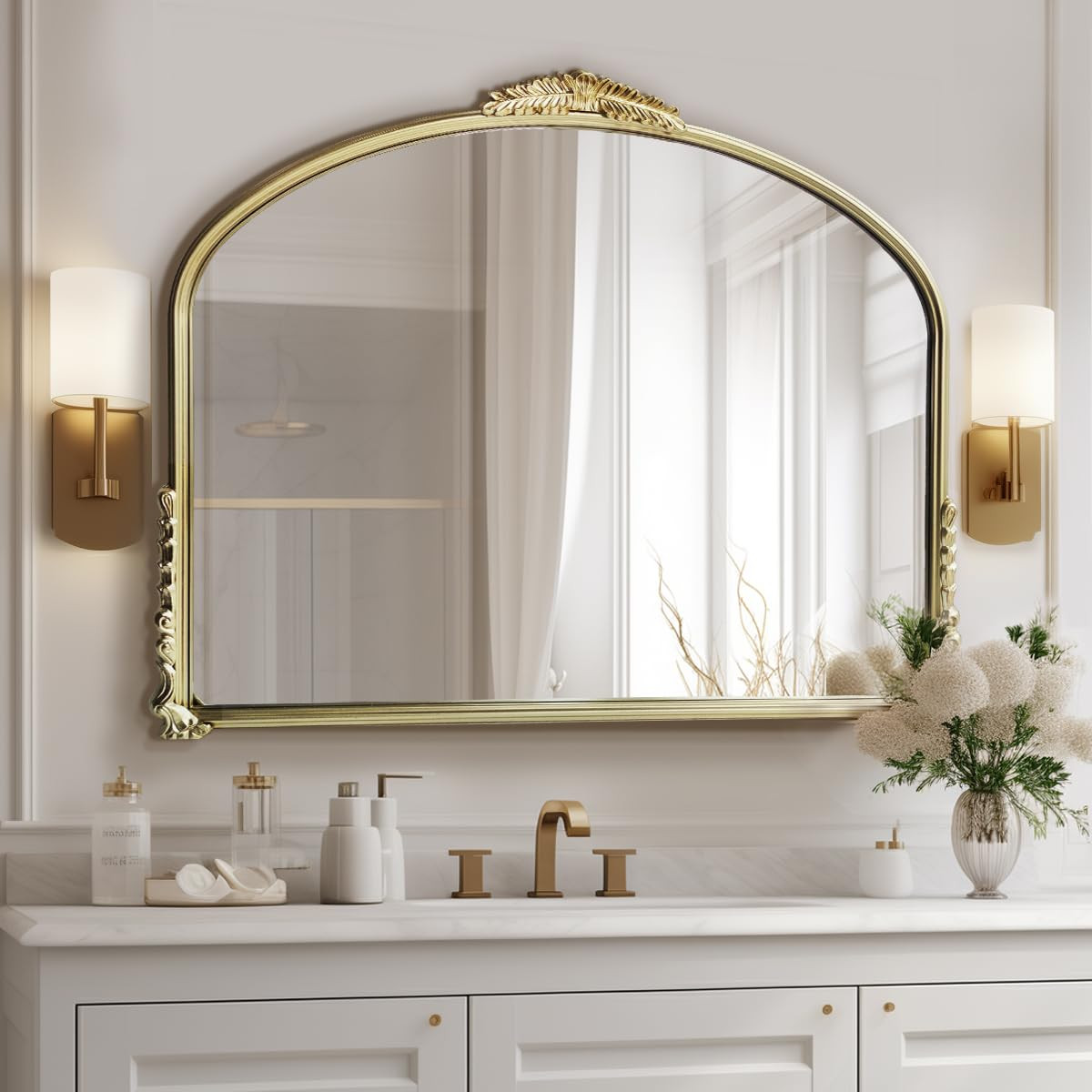 Antique Gold Mirror,Ornate Wide Mirror Decor,Arched Big Mirror for Entryway/Bathroom/Fireplace 37... | Amazon (US)