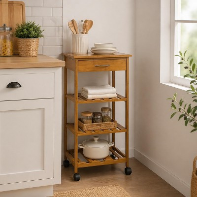 GDFStudio Owen Contemporary Bamboo Kitchen Cart with 3-Tier Shelves, Storage Drawer and Casters, Natural | Target
