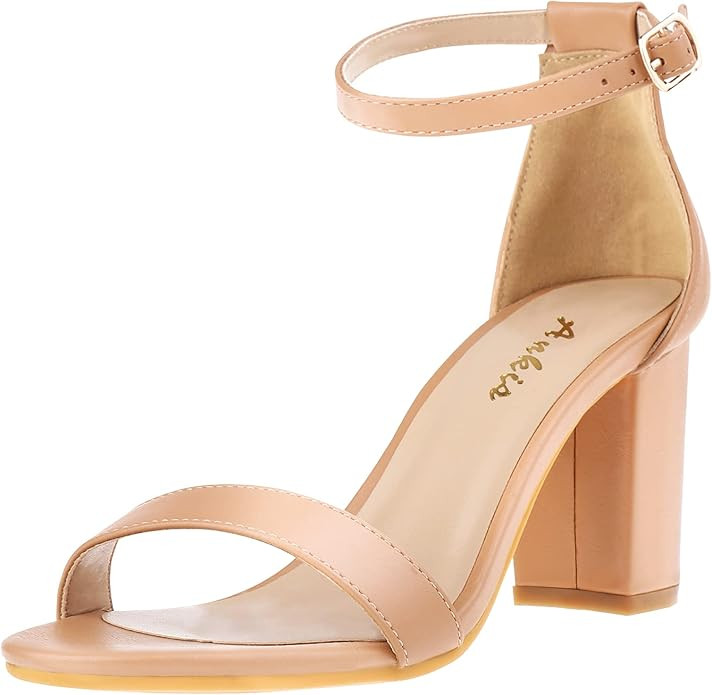 Ankis Nude Black White Silver Gold Heels for Women Open Toe Ankle Strap Chunky Heel Pump Sandals ... | Amazon (US)