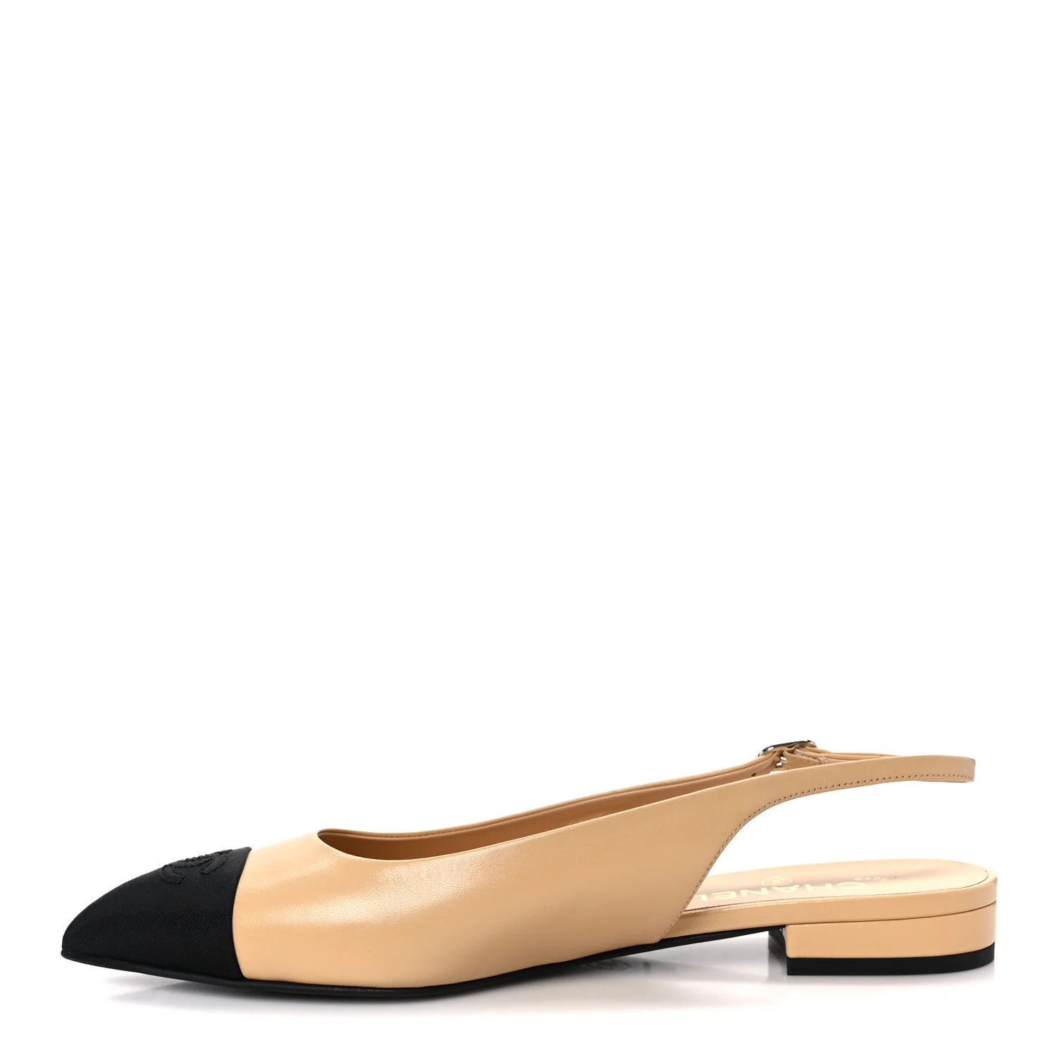 Goatskin Grosgrain Pointed Toe CC Slingback Flats 40.5 Beige Black | FASHIONPHILE (US)