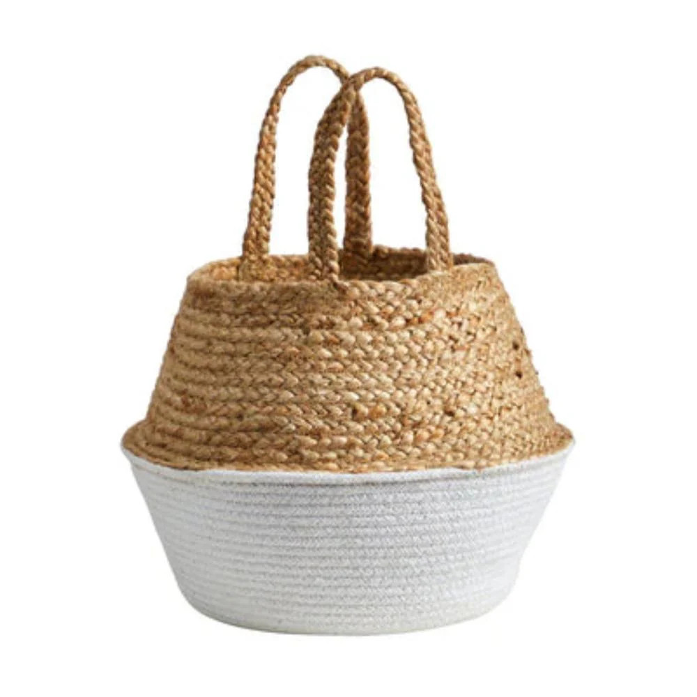 14" Boho Chic Handmade Cotton & Jute White Woven Basket | Shop Simon