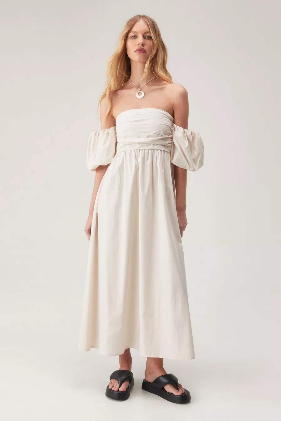 Cotton Ruched Bust Puff Sleeve Midi Dress | Nasty Gal US
