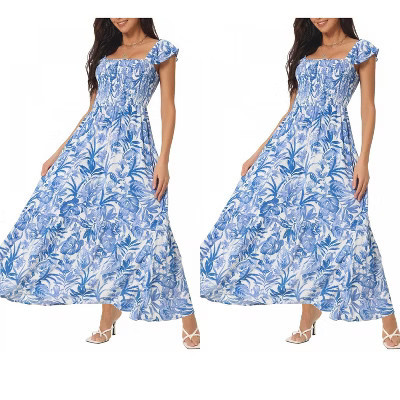 INSPIRE CHIC Women's Summer Boho Smocked Square Neck Cap Sleeve Ruffle Floral Flowy Tiered Maxi Sundress 2 Packs Medium 2 Packs Blue | Target