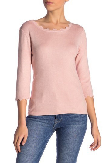 Scallop Trimmed 3/4 Sleeve Sweater (Petite) | Nordstrom Rack