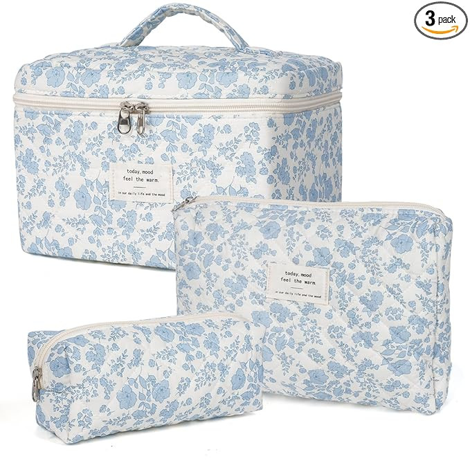 Makeup Bag,Quilted Cosmetic Bag,Large Floral Make Up Bag for Women,Cotton Makeup Bag Set,Flower T... | Amazon (US)