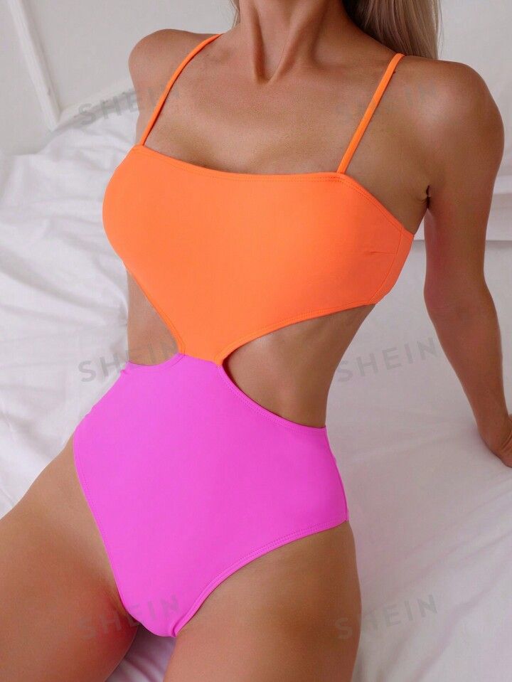 Women's Colorblock Hollow Out Strap One Piece Swimsuit | SHEIN