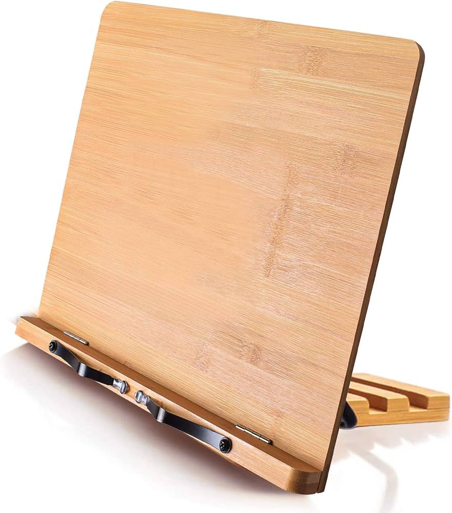 wishacc Bamboo Book Stand Cookbook Holder with 5 Adjustable Height 13.2 x 9.2" | Amazon (US)