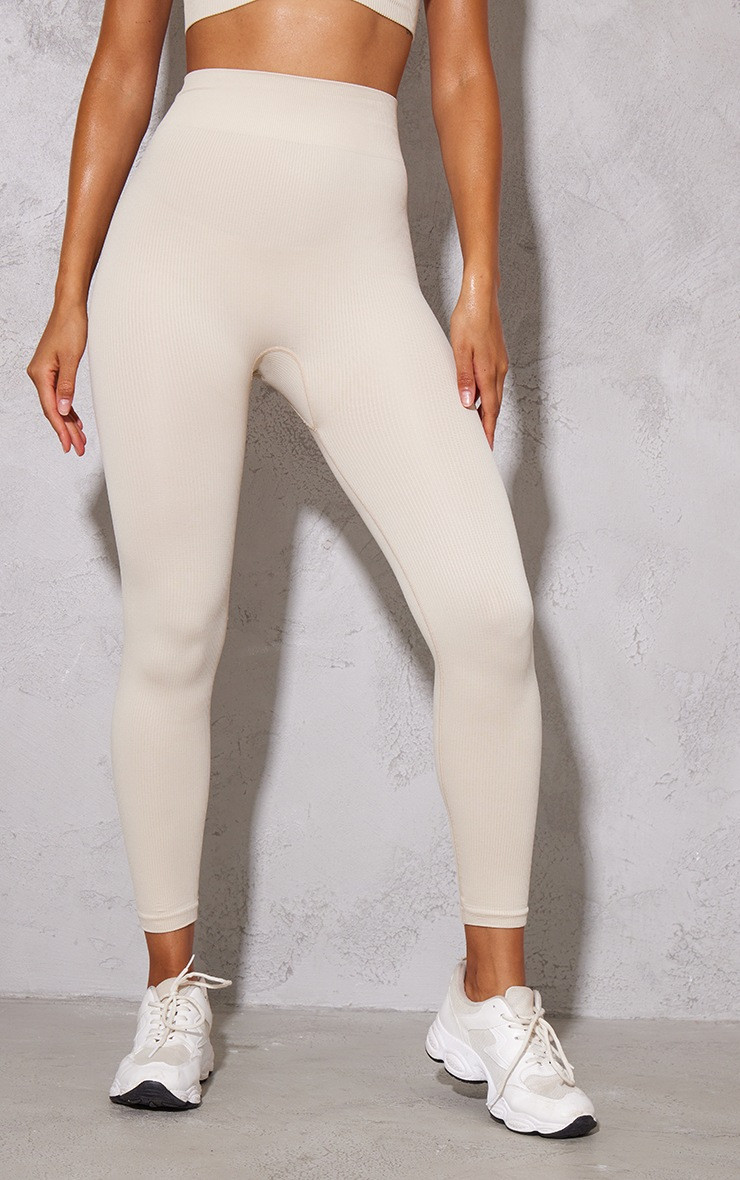 Stone Seamless Rib Basic Branding Gym Leggings | PrettyLittleThing UK
