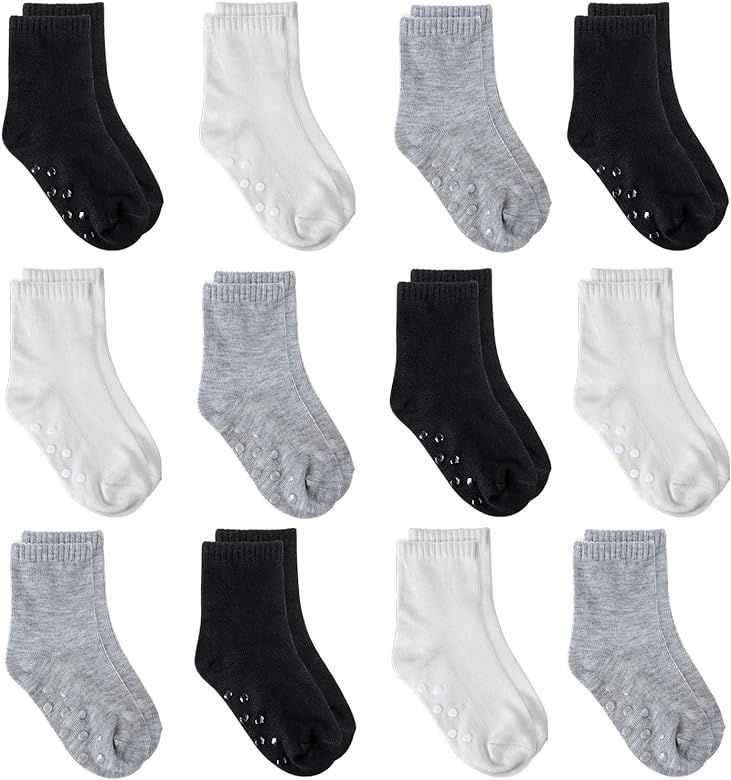 12 Pairs Non Slip Toddler Socks Crew Socks with Grips for Baby Boys Girls | Amazon (US)