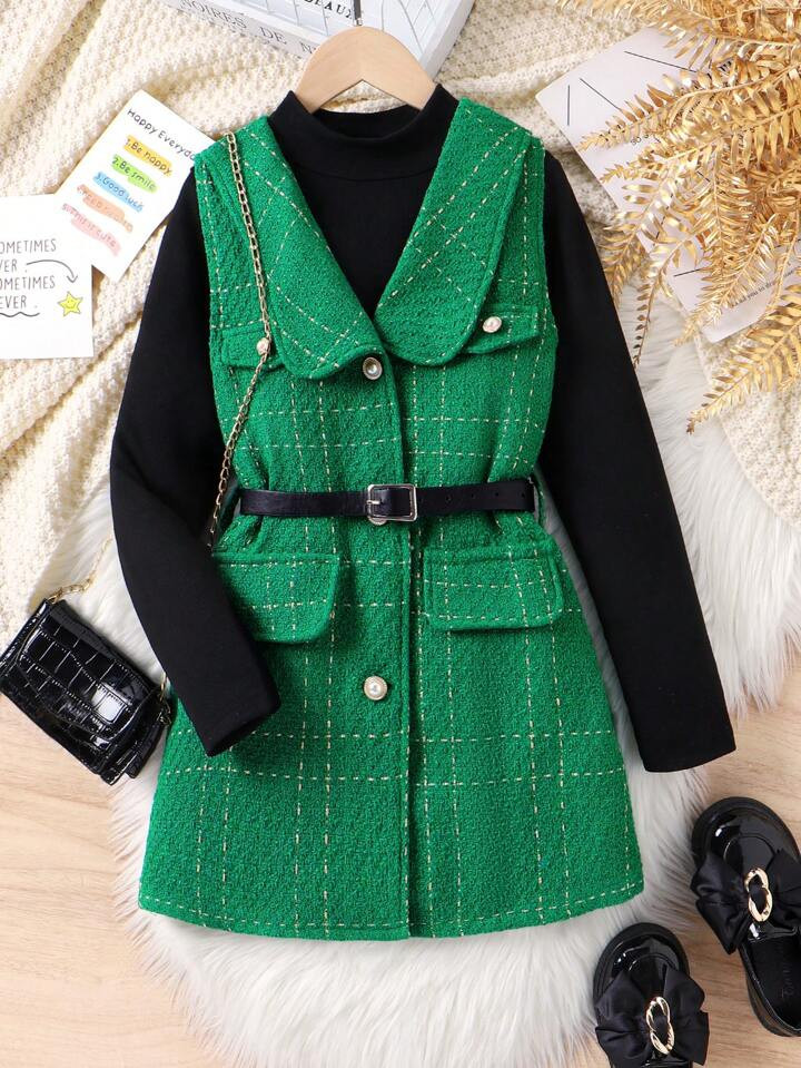 Teen Girl Plaid Print Belted Vest Coat & Tee | SHEIN