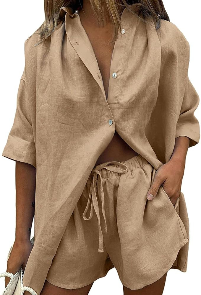 Ulekuke Womens 2 Piece Outfits Casual Loungewear Sets Stripe Long Sleeve Shirt And Loose High Waiste | Amazon (US)