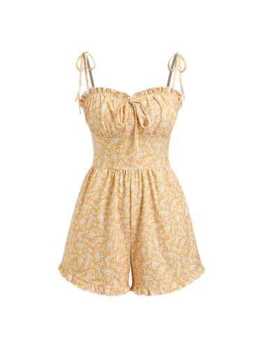 CIDER Short Rompers For Women Date Night Floral Spaghetti Strap Sleeveles Cute Jumpsuits Summer Beach Vacation Outfits: Yellow, XL | Amazon (US)