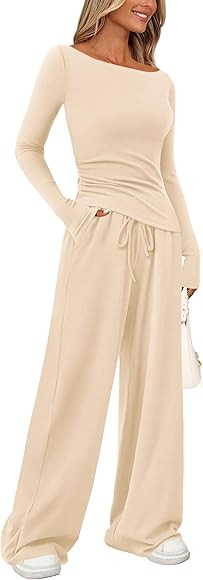 PRETTYGARDEN Women's 2 Piece Lounge Sets Asymmetrical Long Sleeve T Shirt Wide Leg Pants Casual O... | Amazon (CA)