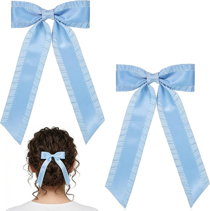 2 Pcs Bow Hair Clip Light Blue Hair Bows Ruffle Satin Tassel Ribbon Large Satin Ribbon Bow Clips ... | Amazon (US)
