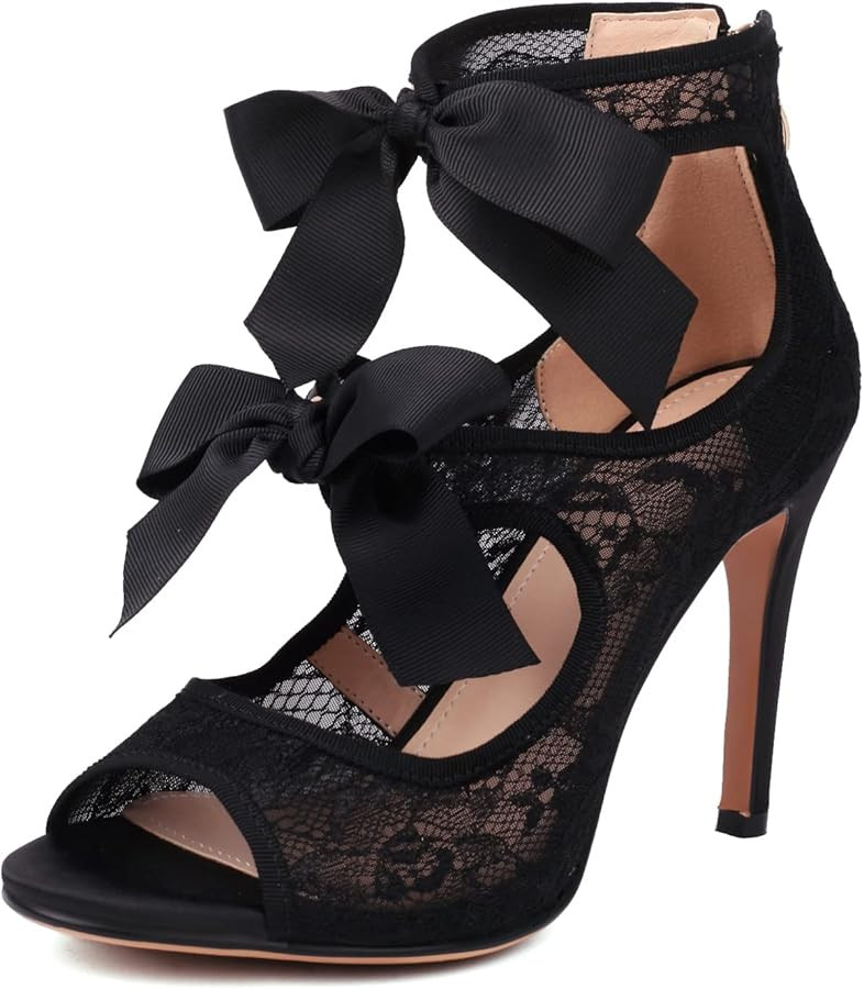 Women's Lace Heels with Bow Adjustable Strappy Peep Toe Party Wedding Sandals with Back Zip | Amazon (US)