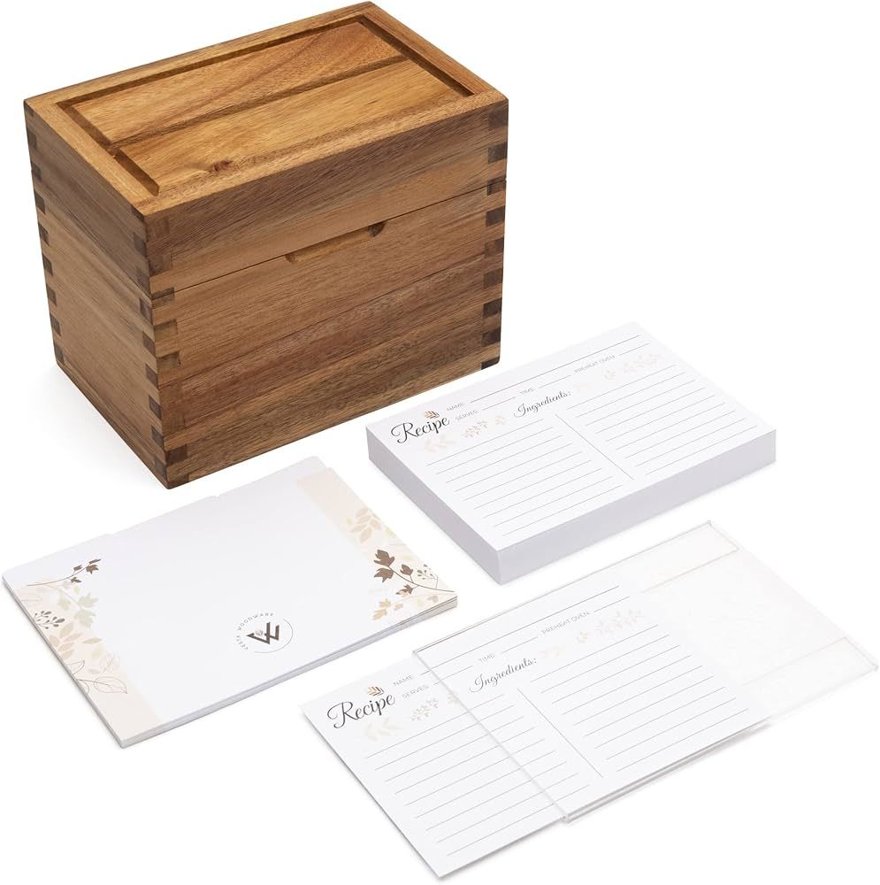 Recipe Box with Cards and Dividers 4x6 - Wooden Recipe card box set includes an acrylic recipe ca... | Amazon (US)