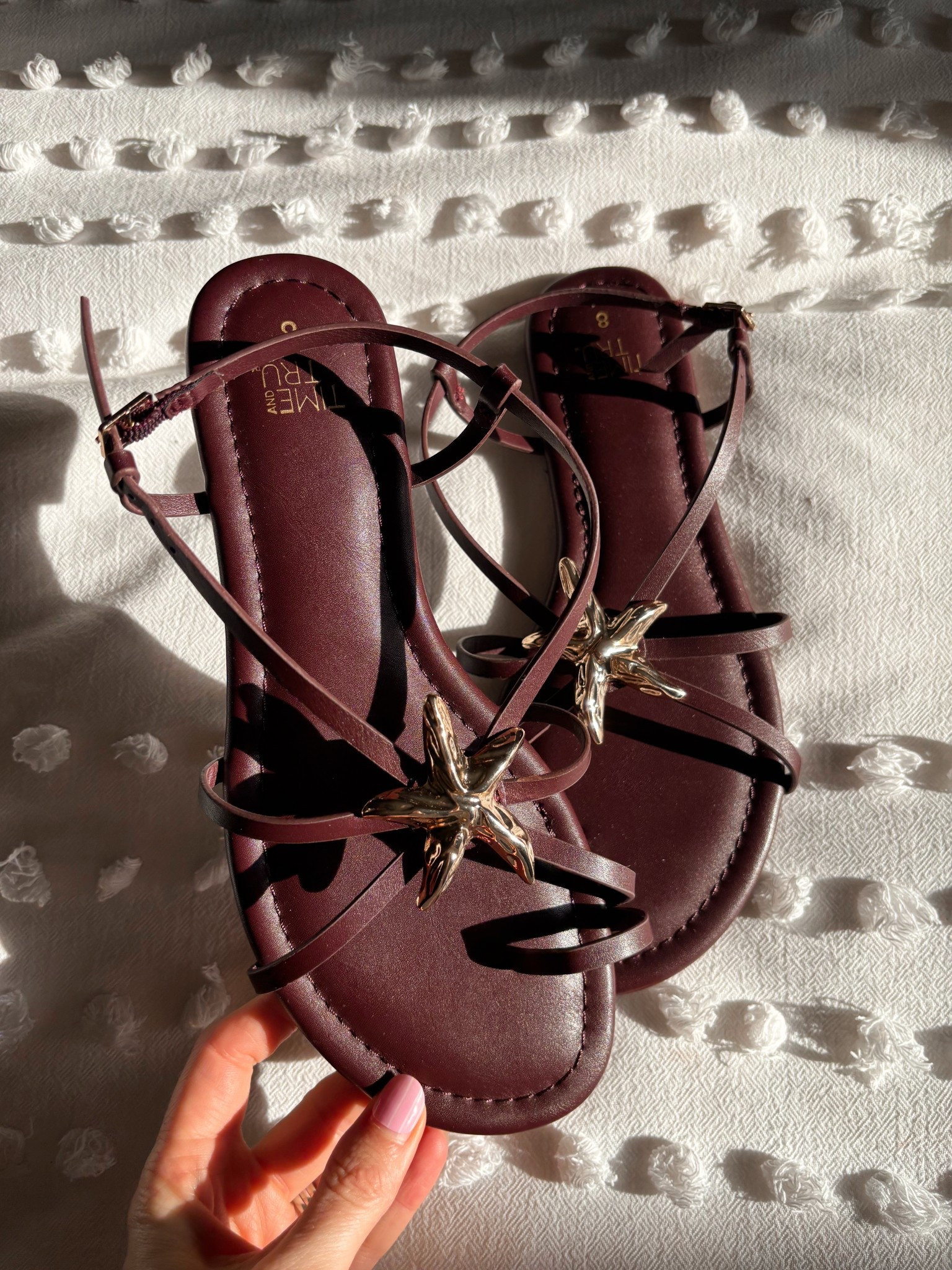 New time and tru Walmart starfish sandals!! These are super cute on and actually comfy!!! They also come in white/black but I really like this dark cherry color for something different! 

**sizing:
Starfish sandal: 8, no half sizes so I got an 8! (Normally an 8.5 but they fit fine!)

#LTKSwim #LTKootd #LTKSeasonal