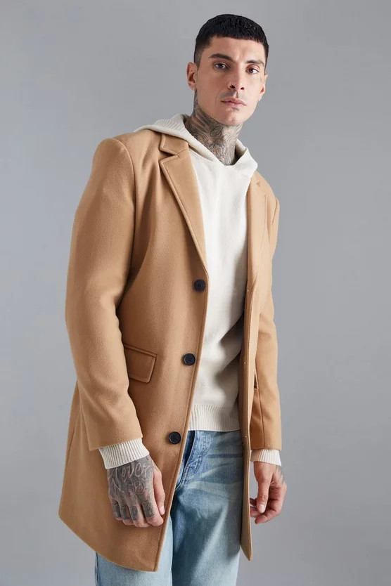 Single Breasted Wool Look Overcoat in Camel | boohooMAN (US & Canada)