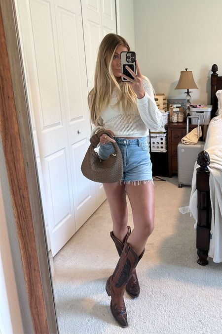 Forever 21 knit crochet sweater. Melie Bianco handbag purse. Rollas Jeans denim shorts. Cowboy boots. Freebird boots.  #outfit #fashion #style #ootd #ootn #outfitoftheday #fashionstyle  #outfitinspiration #outfitinspo #tryon #tryonhaul #fashionblogger #microinfluencer #fyp #lookbook #outfitideas #currentlywearing #styleinspo #outfitinspiration outfit, outfit of the day, outfit inspo, outfit ideas, styling, try on, fashion, affordable fashion. 

#LTKitbag #LTKU #LTKshoecrush