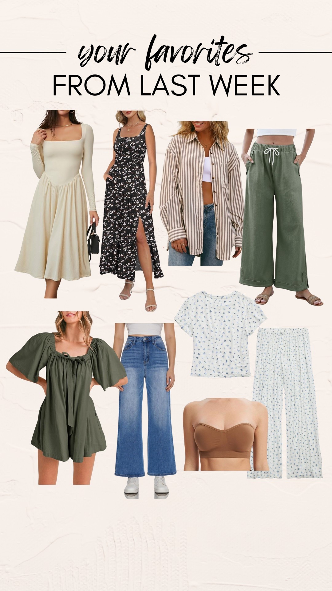 BEIGE DRESS: size large, true to size // FLORAL DRESS: size large, true to size // STRIPED BUTTON-UP: true to size but I sized up to an XL for an oversized fit // GREEN PANTS: large, true to size // GREEN ROMPER: large, true to size but you could size down if you want it more fitted // JEANS: size 10, size down one // PJ set: size large, true to size // STRAPLESS BRA: I’m a 36D, in a large 

#LTKFindsUnder50 #LTKPetite #LTKMidsize