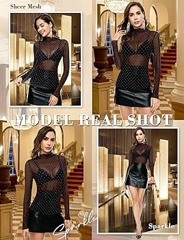 BBX Lephsnt Womens Sheer Mesh Layering Top Sparkle Long Sleeve Shirts Mock Neck See Through Tee S... | Amazon (US)