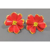 Flower Blossom Earrings Red Enamel Clips Bright Bold | Etsy (US)