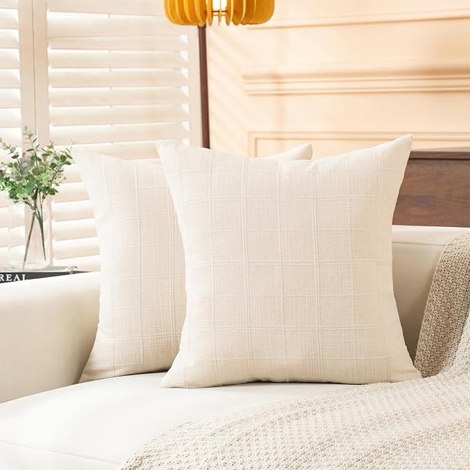 Linen Plaid Checkered Throw Pillow Covers 18x18 Set of 2,Beige Neutral Rustic Decorative Cushion ... | Amazon (US)