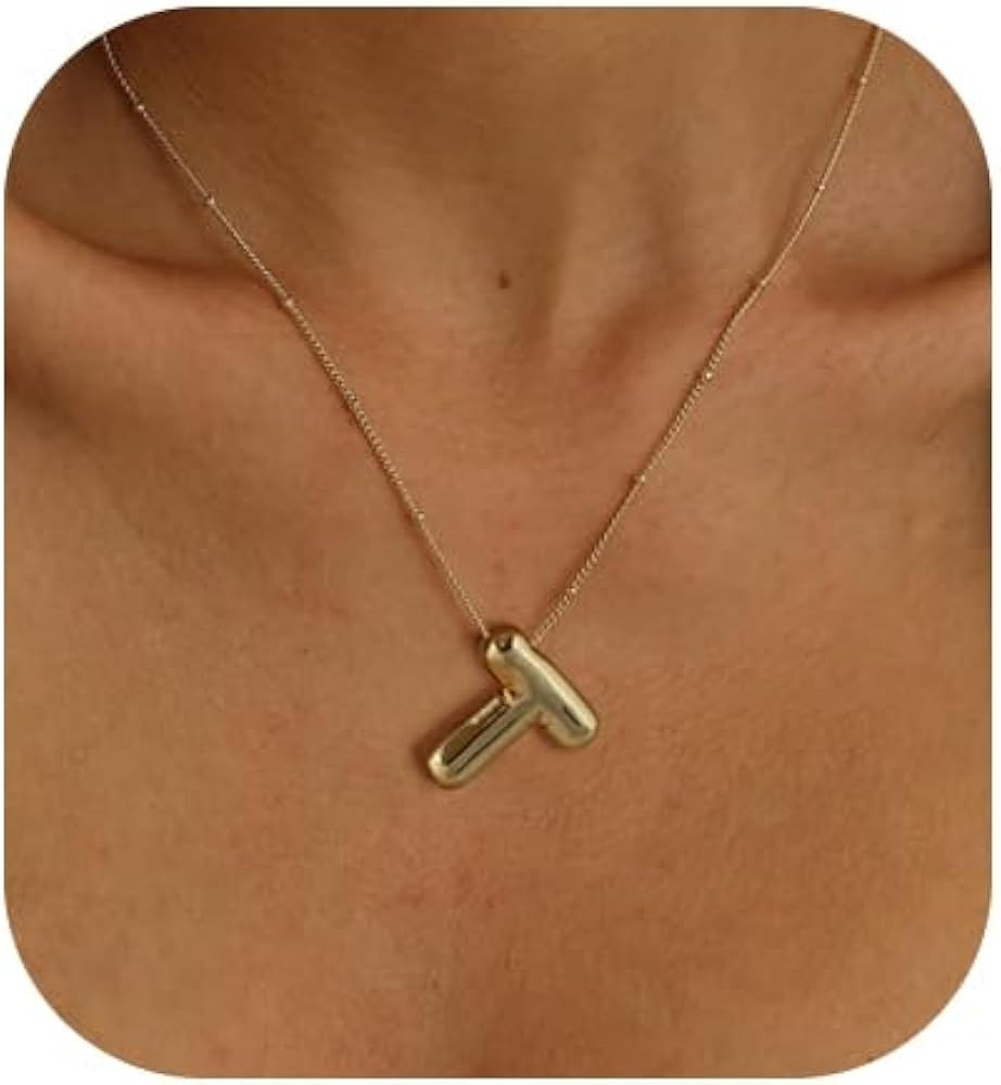 Gold Bubble Letter Necklace for Women, 14k Gold Plated Balloon Initial Letter Pendant Necklace Da... | Amazon (US)