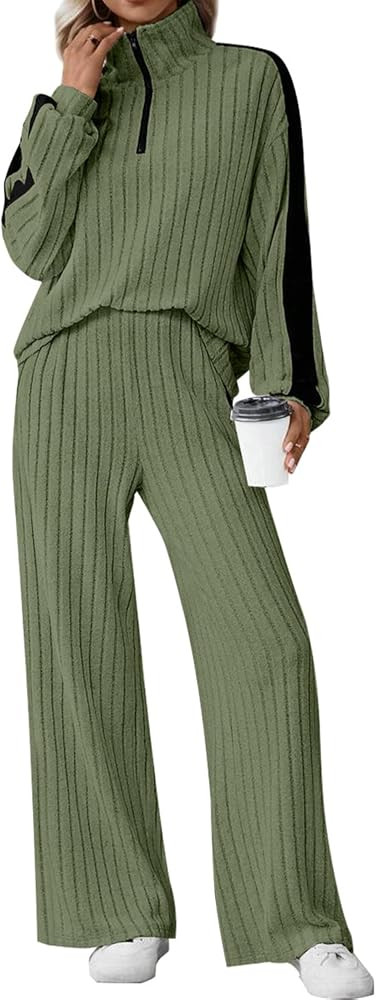 JUSTFASHIONNOW Womens 2 Piece Outfits Ribbed Knit Lounge Sets Cozy Half Zip Sweatsuit Sets Wide L... | Amazon (US)