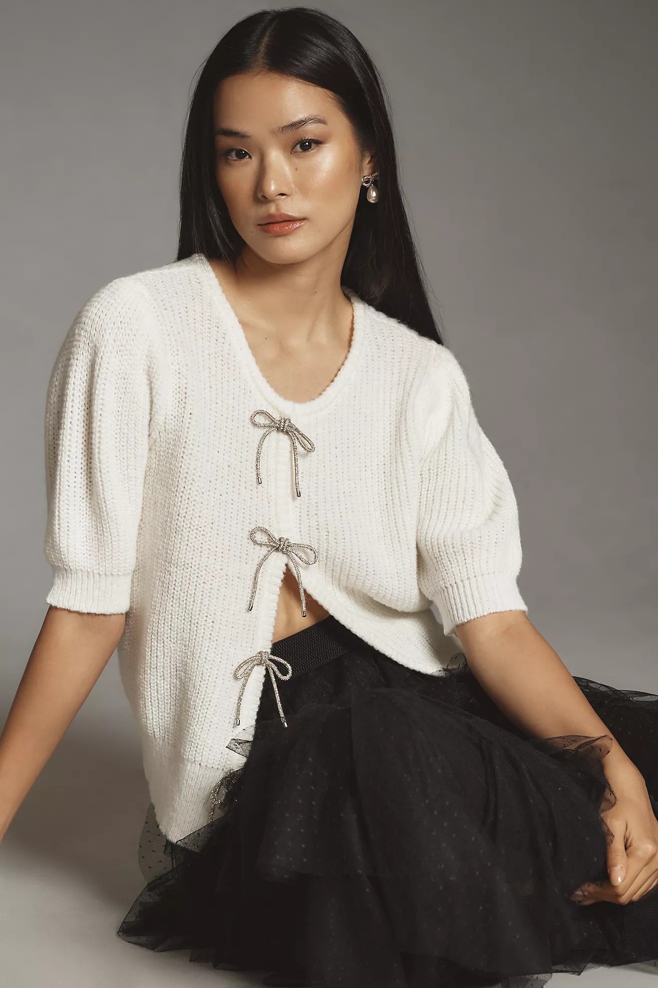 Maeve Short-Sleeve Embellished Bow Cardigan Sweater | Anthropologie (US)