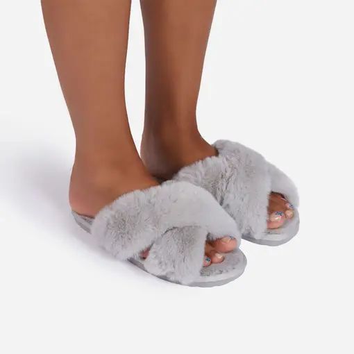 Indulge Fluffy Cross Over Slipper In Grey Faux Fur | Ego Shoes (UK)