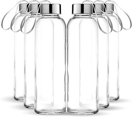 Chef's Star Glass Water Bottle 6 Pack 16oz Bottles for Beverage and Juice, Stainless Steel Caps w... | Amazon (US)