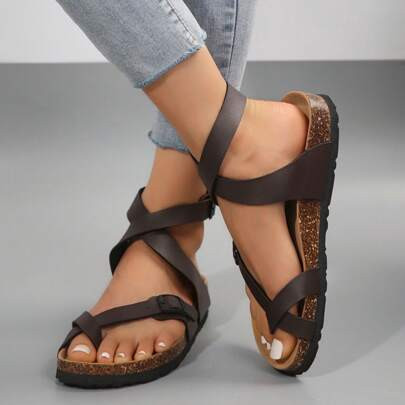 Women's Cork Leather Ring Toe Sandals - Lightweight, Non-Slip, Casual Slippers For Summer Travel On Platform Soles | SHEIN