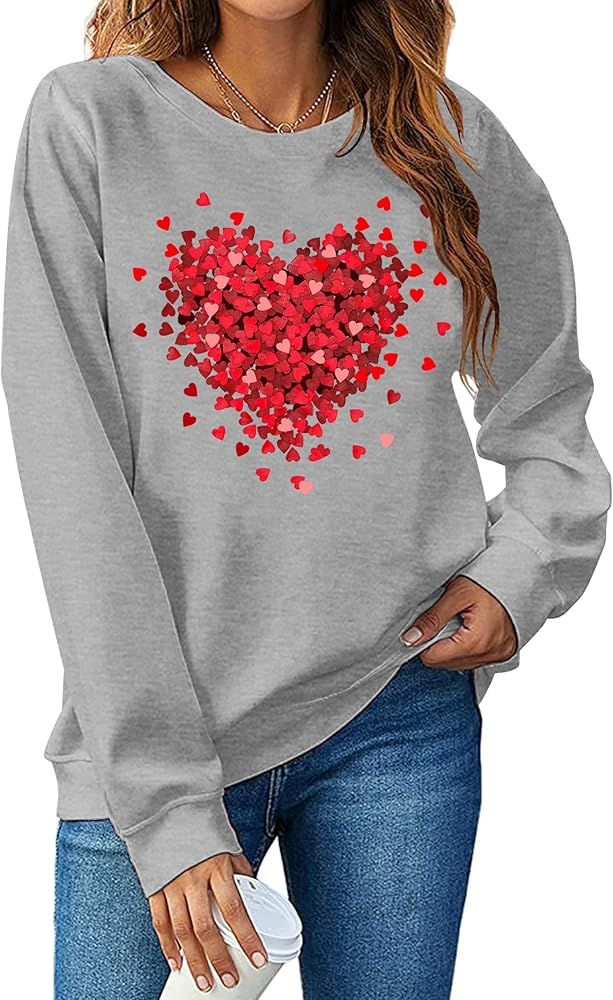 LHBNK Valentines Day Sweatshirt Women Love Heart Shirts Valentine Pullover Long Sleeve Tops Gray ... | Amazon (US)