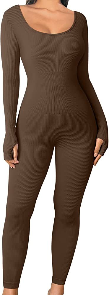 OQQ Women's Yoga Jumpsuits One Piece Ribbed Workout Rompers Long Sleeve Exercise Jumpsuits | Amazon (US)