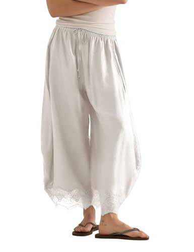 PUWEI Women's Cropped Lace-Hem Pants High Waisted Drawstring Wide Leg Pants Casual Lightweight Tr... | Amazon (US)