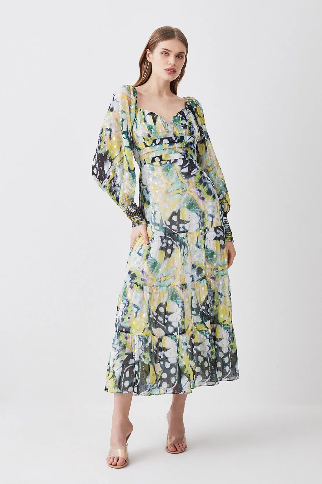 Butterfly Metallic Beaded Cuff Woven Midi Dress | Karen Millen US