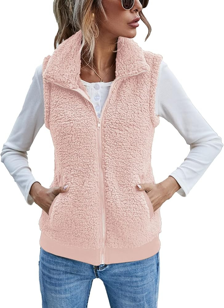 LOMON Womens Fuzzy Fleece Vest, Casual Warm Sleeveless Zip Up Sherpa Vest Jacket with Pockets for... | Amazon (US)