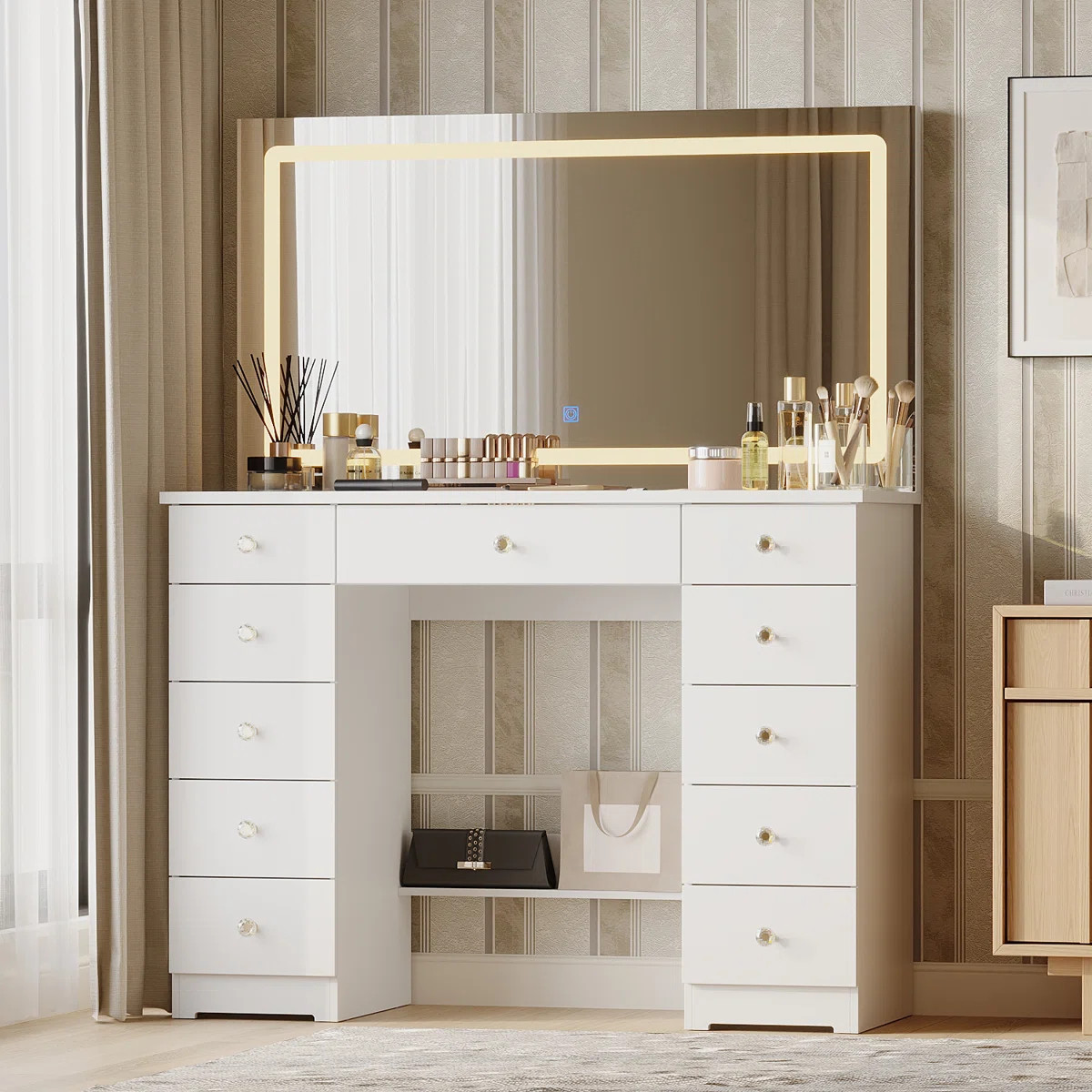 Modern Makeup Vanity With Lighted Mirror And Strong Storage | Wayfair North America