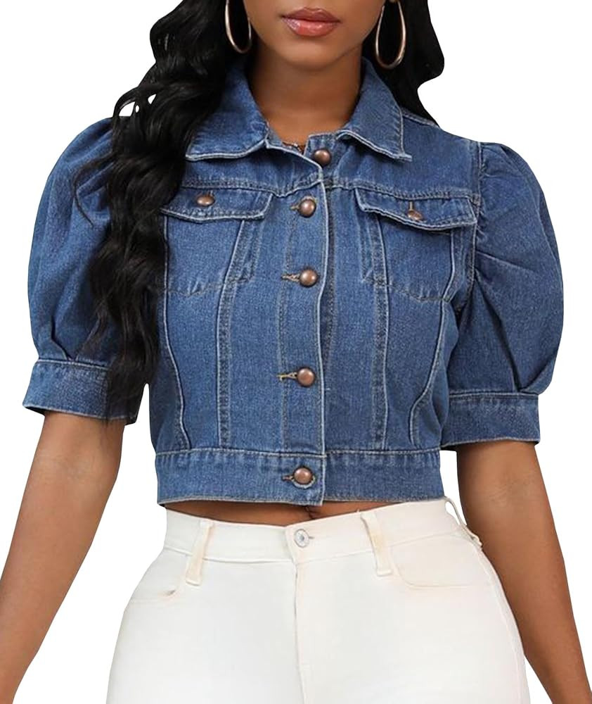 SEMATOMALA Women's Croppped Jean Jacket Puff Short Sleeve Button Down Denim Coat Crop Top Outerwe... | Amazon (US)