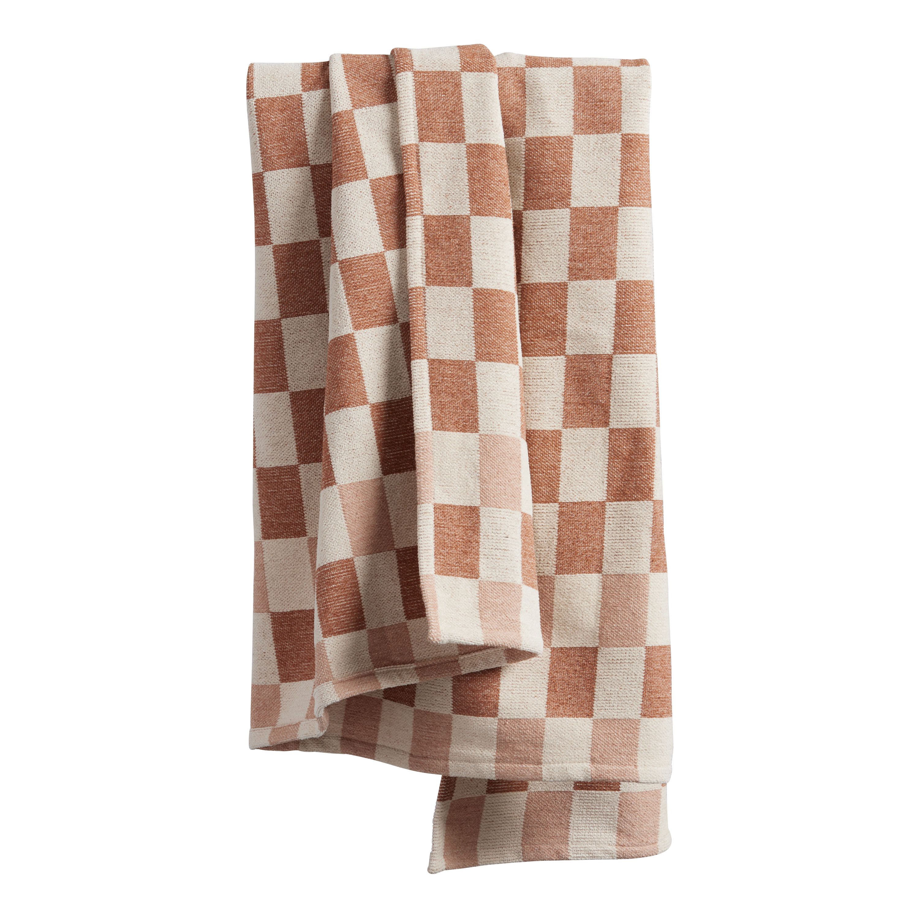 Ivory And Terracotta Checkered Throw Blanket | World Market