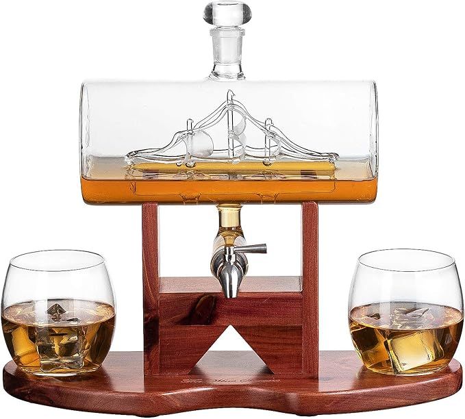 Wine & Whiskey Decanter Set, 1250ml Ship Whiskey & Wine Decanter with 2 Whiskey Glasses and Beaut... | Amazon (US)