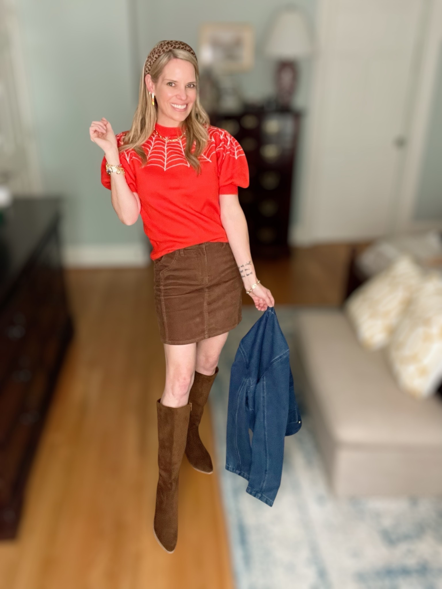 Spooky chic but make it stylish ✨ This Halloween look is giving all the festive vibes without being a costume! I paired this puff sleeve spiderweb sweater top 🕷️ with a corduroy mini skirt for a cozy yet playful vibe. Added a classic denim jacket for layering, knee-high suede boots for fall style, and finished it with fun candy corn earrings + a leopard headband for that extra seasonal touch. 🧡

Perfect for:
👻 Trick-or-treating with the kids
🍂 Pumpkin patch dates
🎃 Halloween parties at school or the office

🛍️ Shop the full look below—from affordable Amazon + Walmart finds to statement jewelry from BaubleBar & Kendra Scott. Festive, feminine, and budget-friendly!

Halloween outfit ideas, spooky chic style, fall fashion for women, festive sweaters for Halloween, candy corn earrings, knee-high boots outfit, corduroy skirt fall outfit, Amazon fall fashion finds, Halloween inspired look


#LTKFindsUnder100 #LTKShoeCrush #LTKFindsUnder50