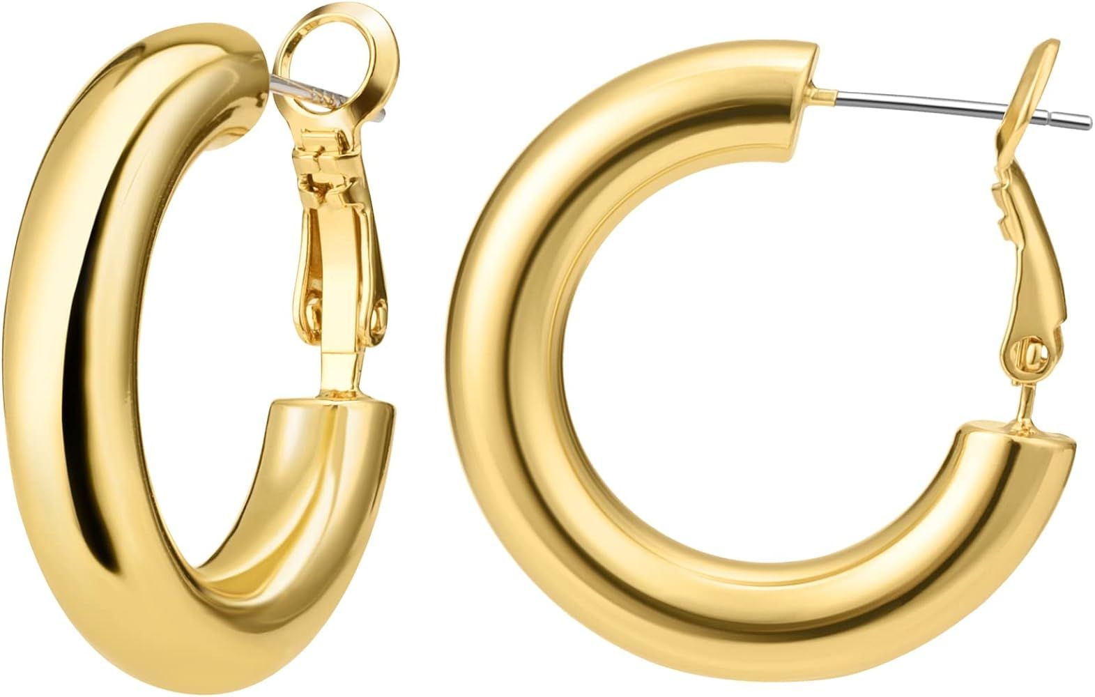 Chunky Hoop Earrings for Women 18K Real Gold Plated Thick Round Gold Hoops Earrings Hypoallergeni... | Amazon (US)