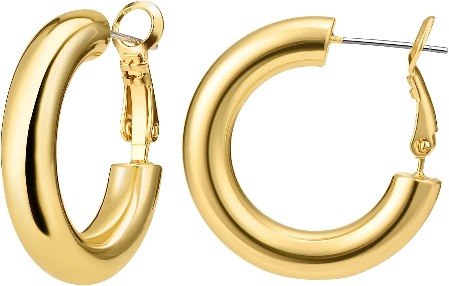 Chunky Hoop Earrings for Women 18K Real Gold Plated Thick Round Gold Hoops Earrings Hypoallergeni... | Amazon (US)