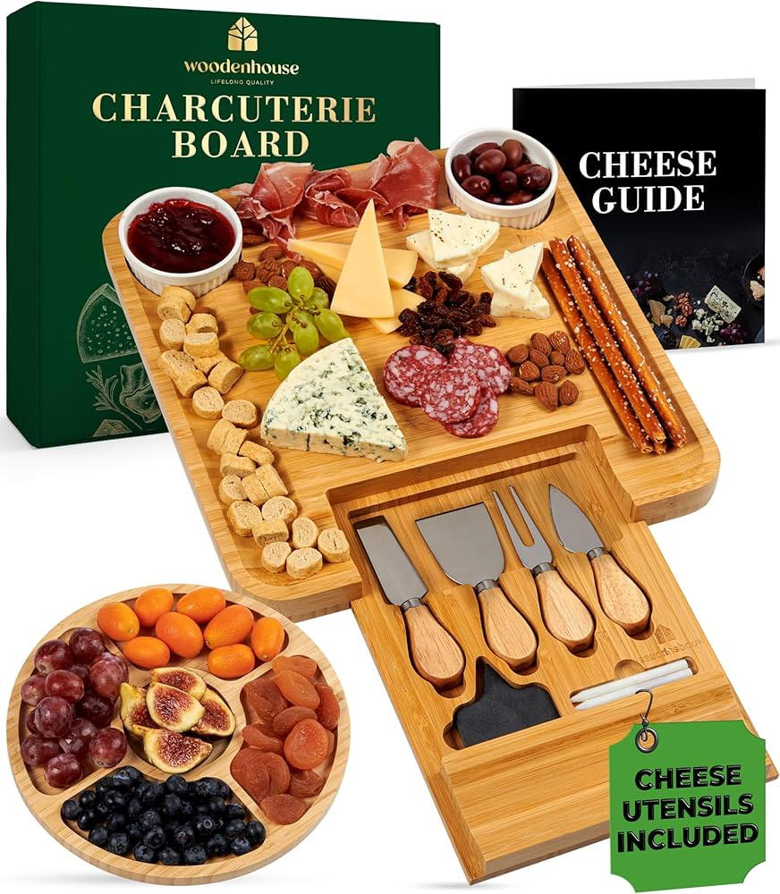 Bamboo Charcuterie Boards Gift Set - Meat and Cheese Tray with Utensils, Fruit Tray, and 2 Sauce ... | Amazon (US)