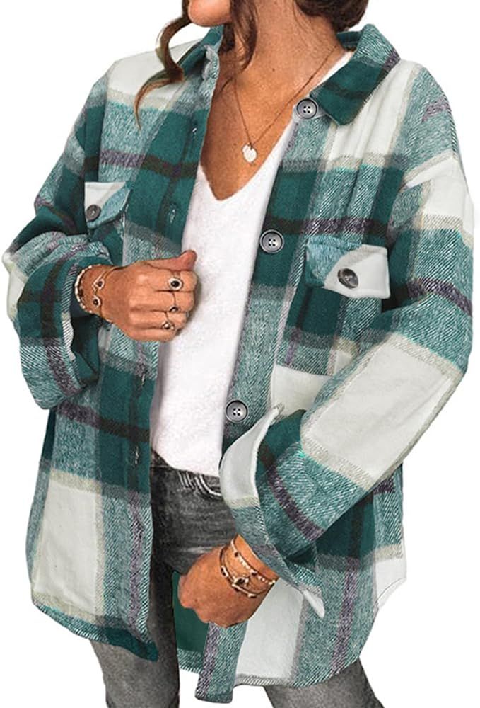 MUXERI Women's Casual Long Sleeve Plaid Button Down Oversized Shirt Shacket Jacket Coat Outerwear wi | Amazon (US)