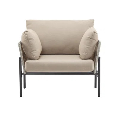 36" Beige Iron Lounge Chair With Rope Weave Design And Plush Cushions, Constructed With PE Rattan, Iron Frame And Waterproof Fabric, Ideal For Indoor | Wayfair North America