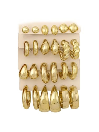 12 Pairs Chunky Gold Hoop Earrings for Women Trendy, Gold Plated Lightweight Hypoallergenic Stack, Thick Open Twisted Huggie Hoops Earring Pack | Amazon (US)