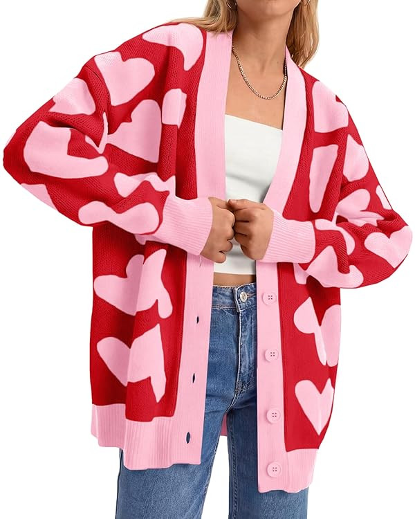 Saodimallsu Womens Heart Cardigan Sweaters Cute Valentines Oversized V Neck Button Up Winter Swea... | Amazon (US)